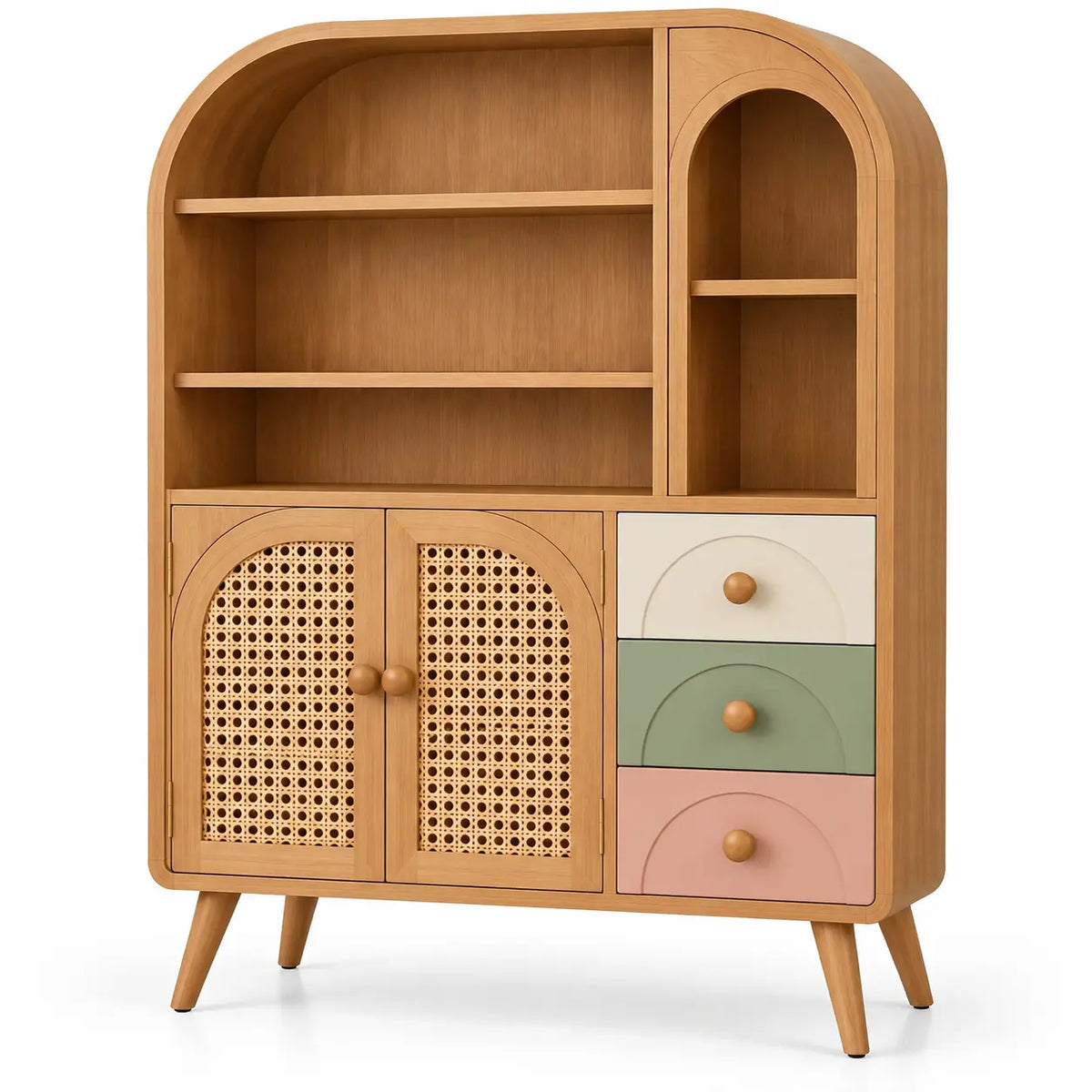 Libreria, profilo arcuato e cassetti a contrasto, marrone/beige/verde/rosa