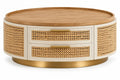 Tavolino da salotto, forma rotonda e cassetti intrecciati, marrone/beige/oro