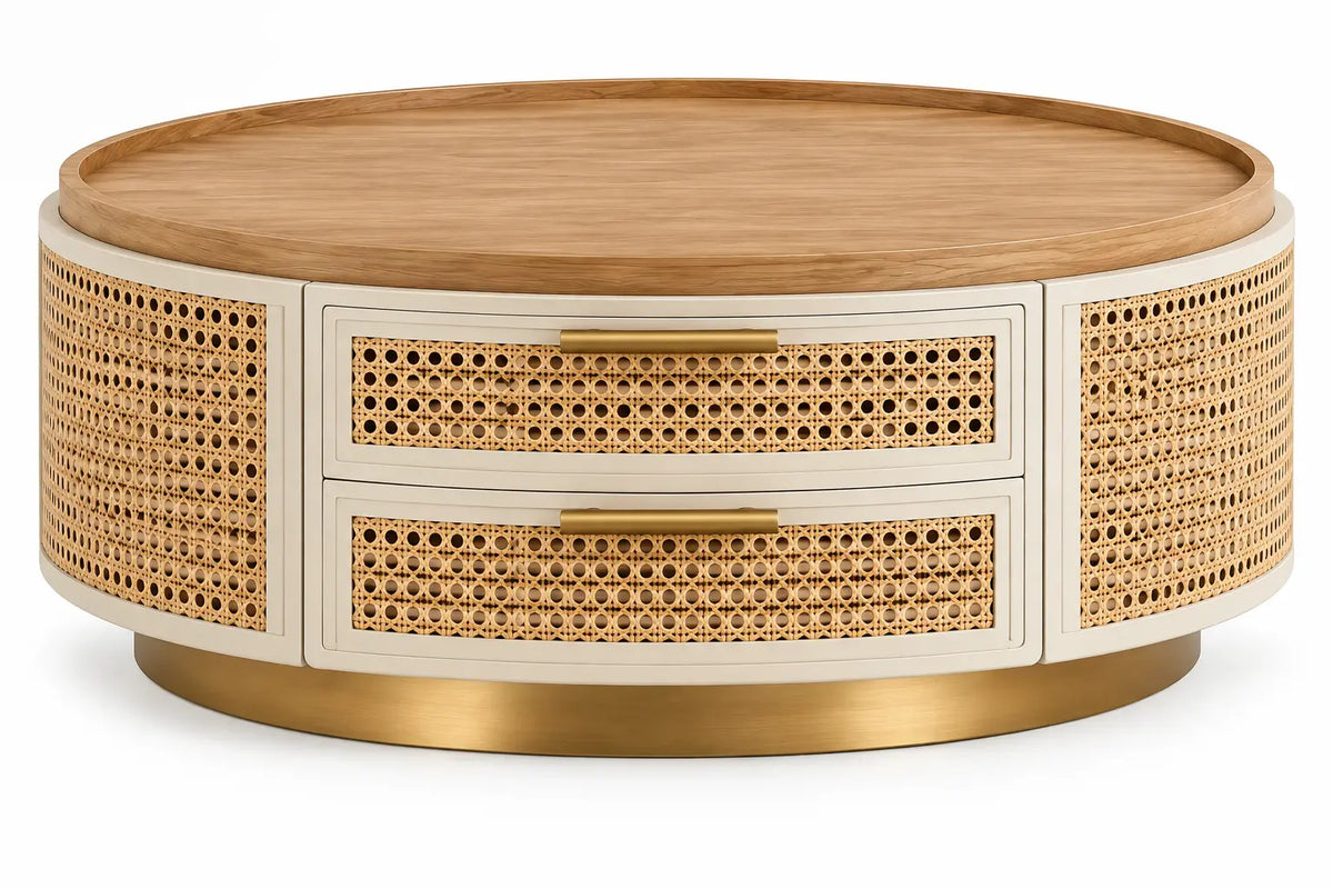 Tavolino da salotto, forma rotonda e cassetti intrecciati, marrone/beige/oro