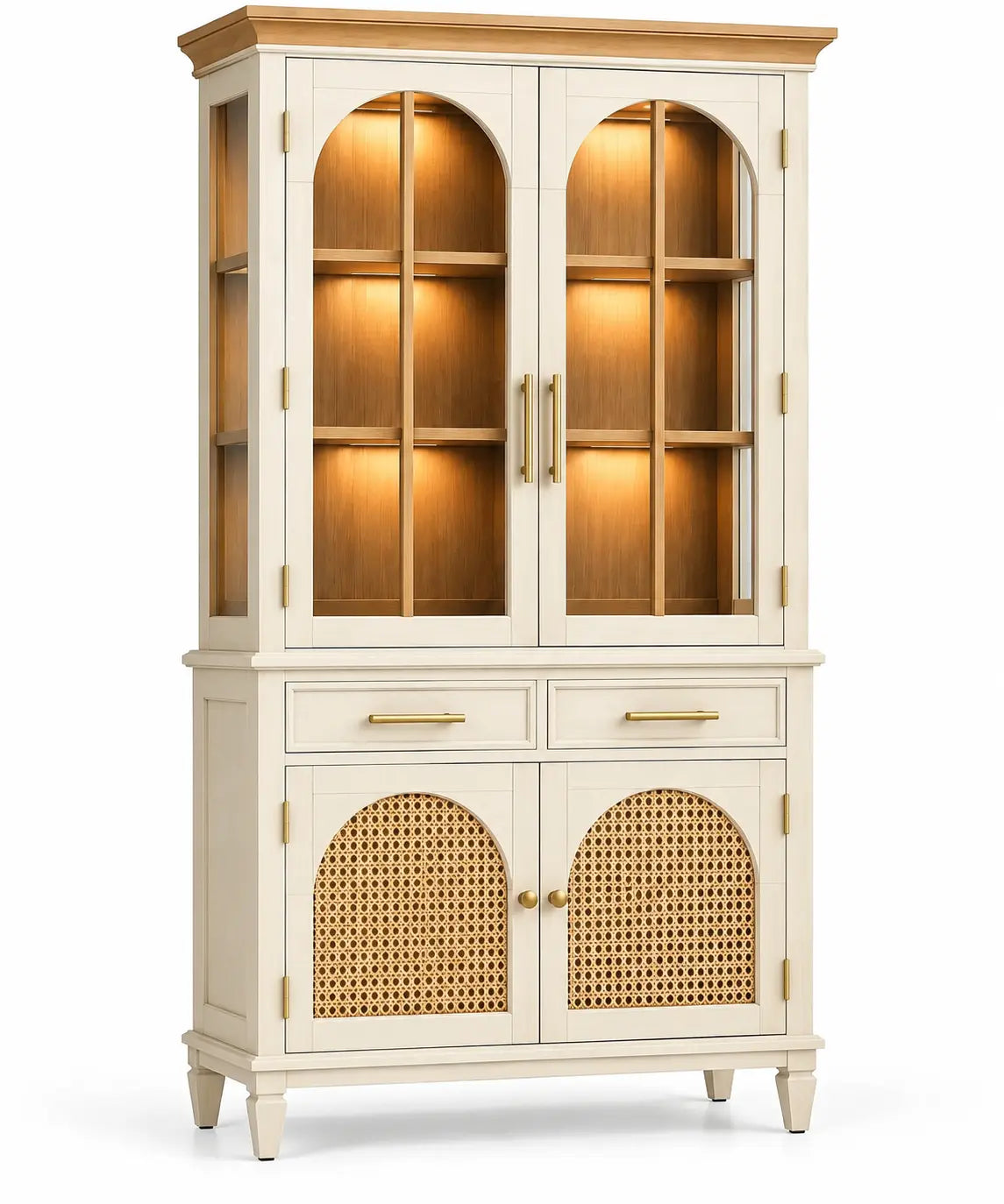 Vetrina, ante vetrate ad arco e ante inferiori intrecciate, beige/marrone