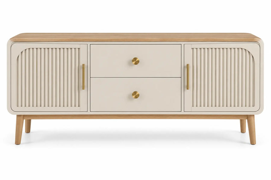 Credenza, ante scanalate e due cassetti centrali, beige/marrone