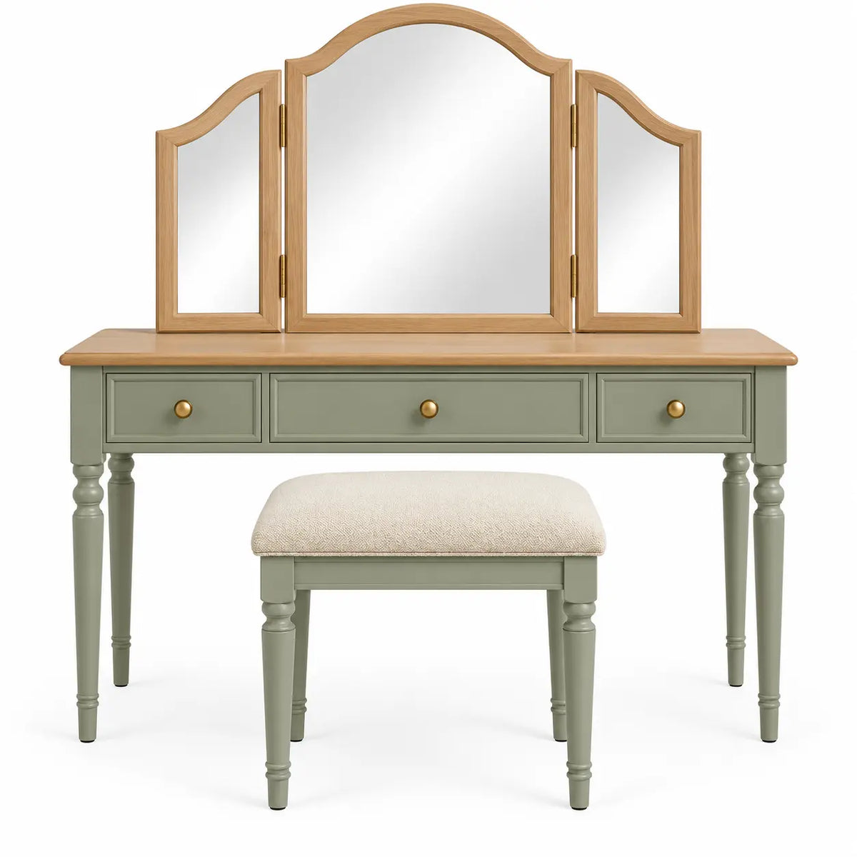 Mobile da toeletta con specchio, specchio a tre sezioni e sgabello, verde/marrone/beige