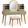 Mobile da toeletta con specchio, specchio ovale, ripiani e sgabello, marrone/verde/beige
