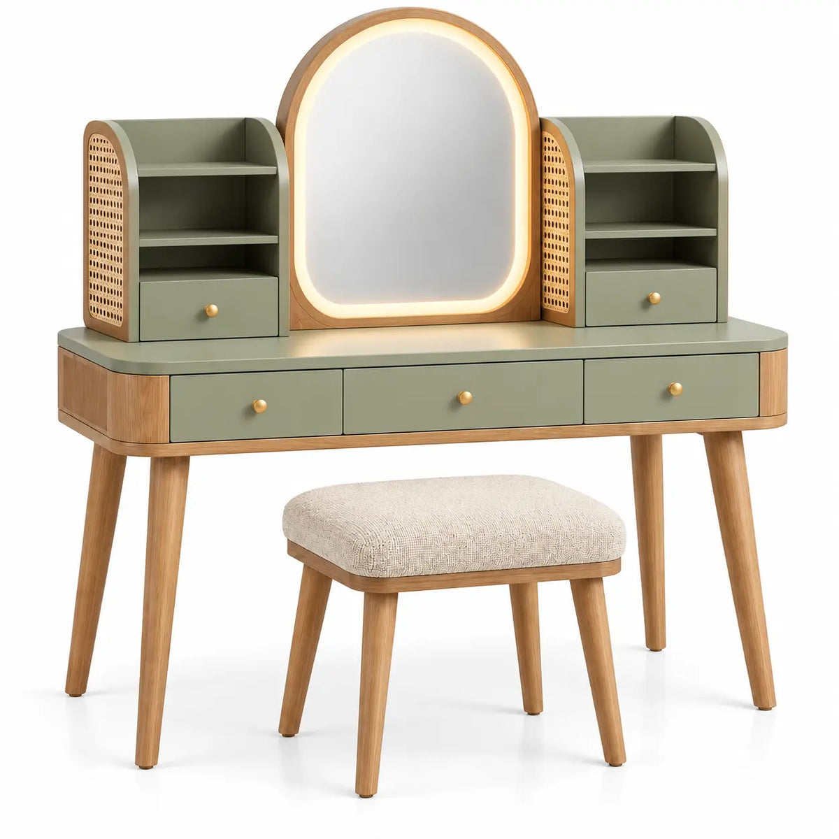 Mobile da toeletta con specchio, specchio ovale, ripiani e sgabello, marrone/verde/beige