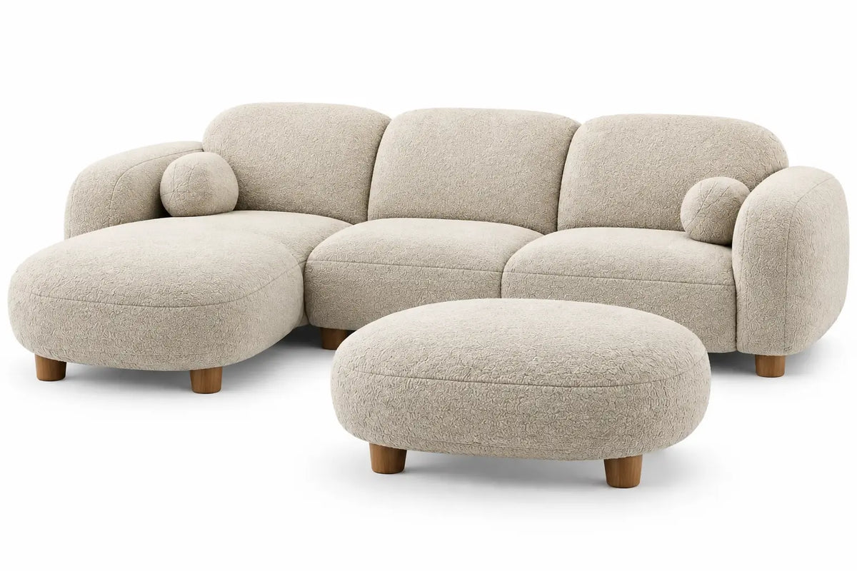 Divano con poggiapiedi, forme arrotondate e poggiapiedi coordinato, beige