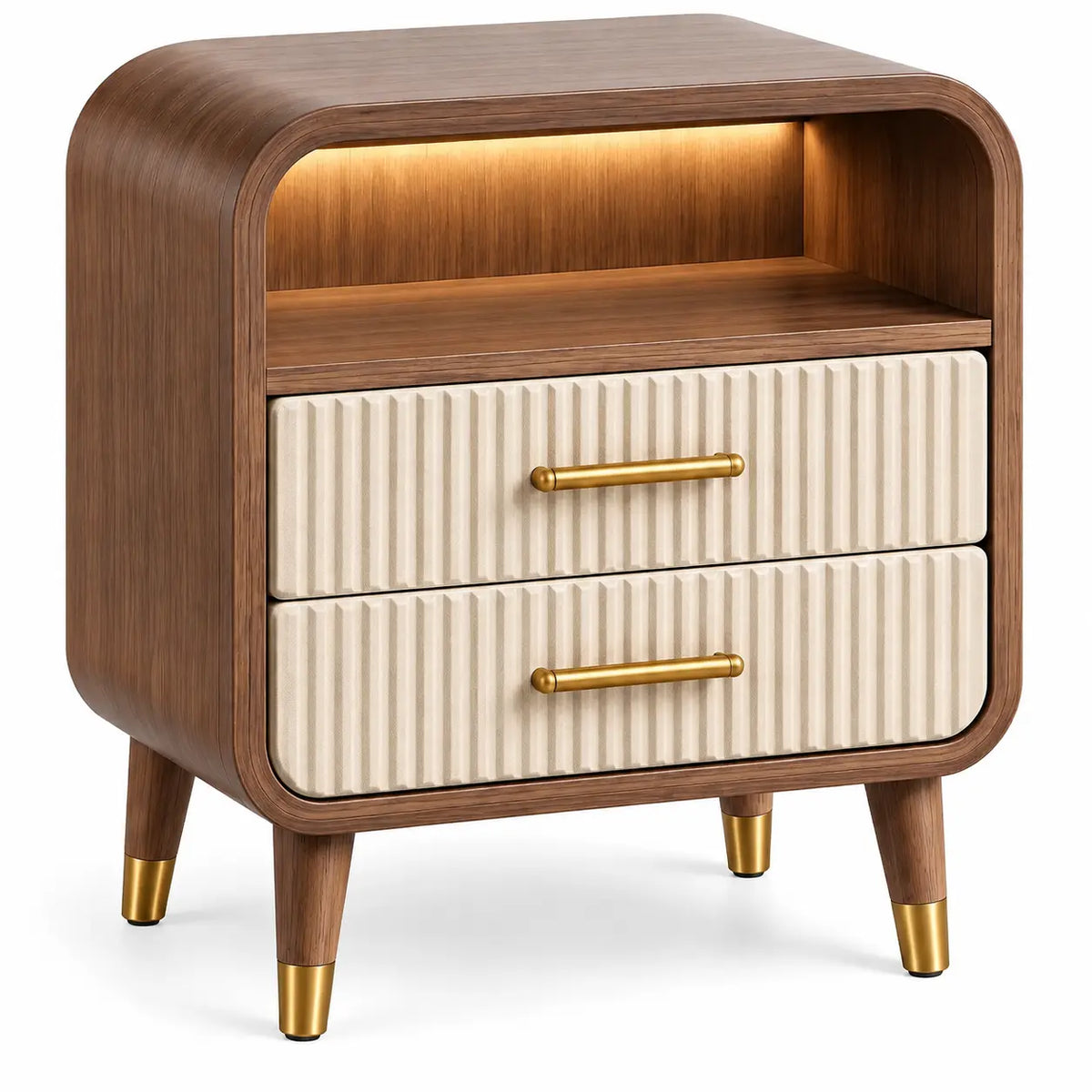 Comodino, vano aperto e due cassetti scanalati, marrone/beige